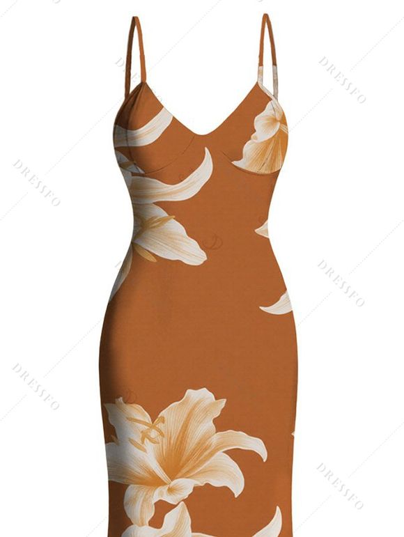 Vacation Dress Watercolor Lily Floral Print Spaghetti Strap Mermaid Bodycon Dress - Brun Légère XXL | US 14