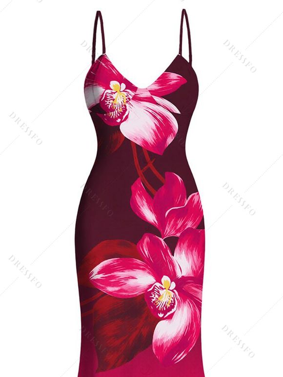 Vacation Dress Ombre Orchid Floral Print Spaghetti Strap Bodycon Mermaid Dress - Rouge Rose XXL | US 14