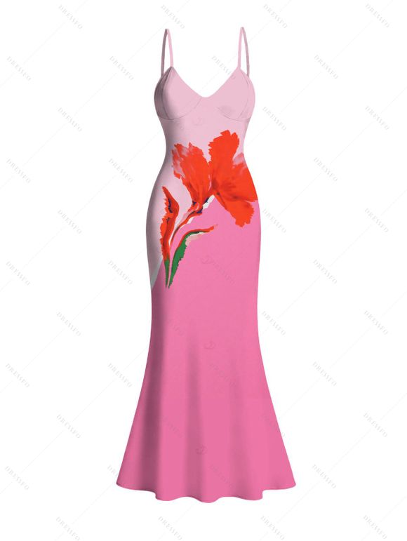 Vacation Dress Ombre Watercolor Floral Print Spaghetti Strap Bodycon Mermaid Dress - Rose XXL | US 14