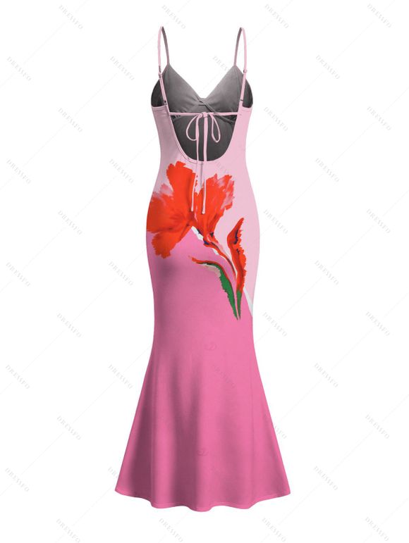 Vacation Dress Ombre Watercolor Floral Print Spaghetti Strap Bodycon Mermaid Dress - Rose XXL | US 14