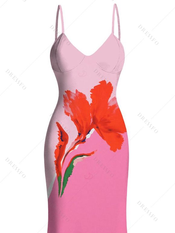Vacation Dress Ombre Watercolor Floral Print Spaghetti Strap Bodycon Mermaid Dress - Rose XXL | US 14