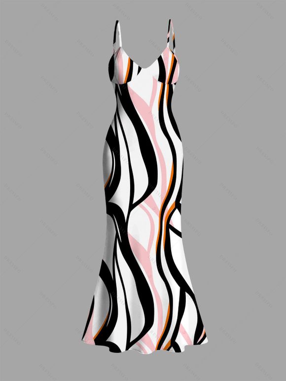 Vacation Dress Colorblock Geometric Curved Line Print Spaghetti Strap Mermaid Bodycon Dress - multicolor XXL | US 14