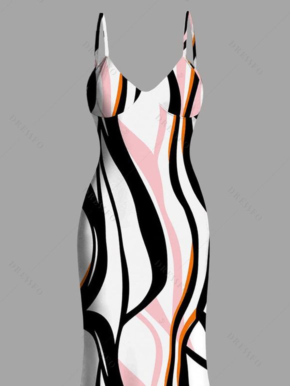 Vacation Dress Colorblock Geometric Curved Line Print Spaghetti Strap Mermaid Bodycon Dress - multicolor XXL | US 14