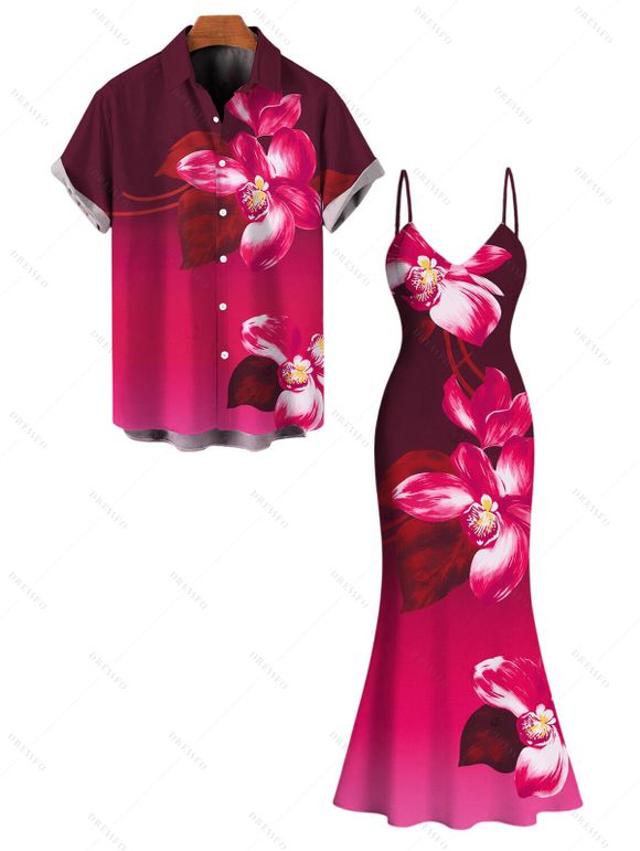 Vacation Couple Outfit Ombre Orchid Floral Print Spaghetti Strap Bodycon Mermaid Dress and Shirt Set - Rouge Rose S | US 4