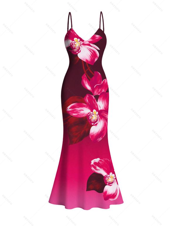 Vacation Couple Outfit Ombre Orchid Floral Print Spaghetti Strap Bodycon Mermaid Dress and Shirt Set - Rouge Rose S | US 4