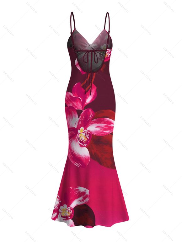Vacation Couple Outfit Ombre Orchid Floral Print Spaghetti Strap Bodycon Mermaid Dress and Shirt Set - Rouge Rose S | US 4