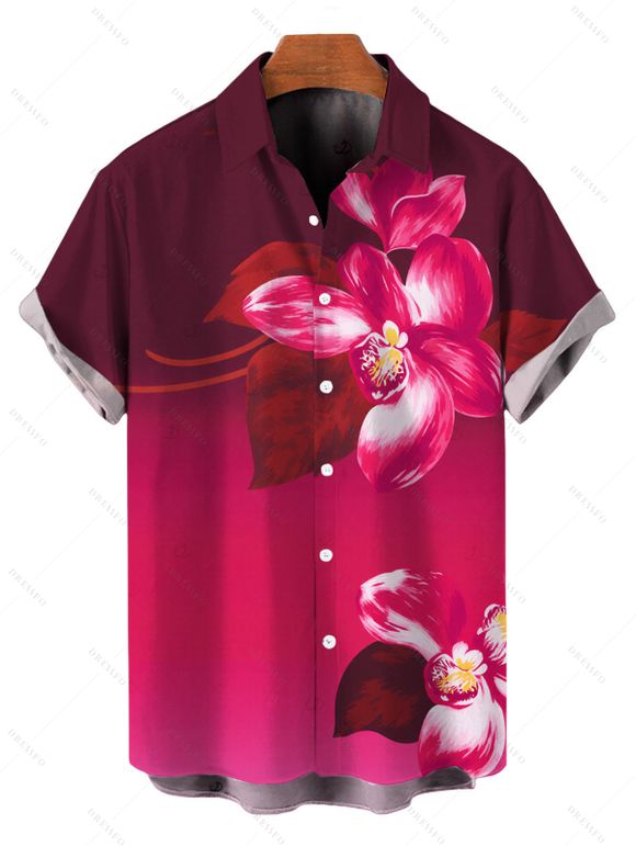 Vacation Couple Outfit Ombre Orchid Floral Print Spaghetti Strap Bodycon Mermaid Dress and Shirt Set - Rouge Rose S | US 4