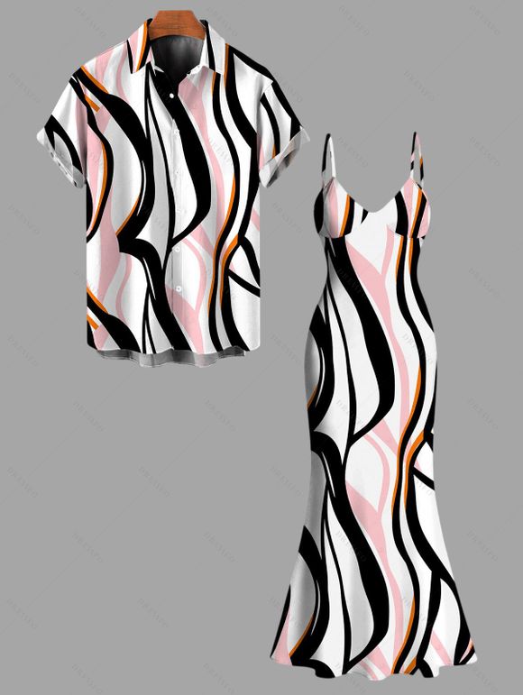Vacation Couple Outfit Colorblock Geometric Curved Line Print Spaghetti Strap Mermaid Bodycon Dress and Shirt Set - multicolor S | US 4