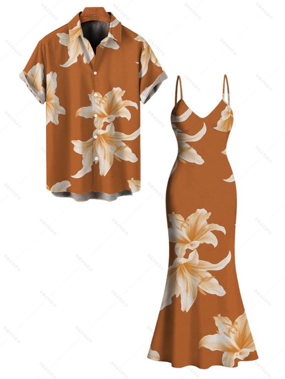 Vacation Couple Outfit Watercolor Lily Floral Print Spaghetti Strap Mermaid Bodycon Dress and Shirt Set - Brun Légère S | US 4