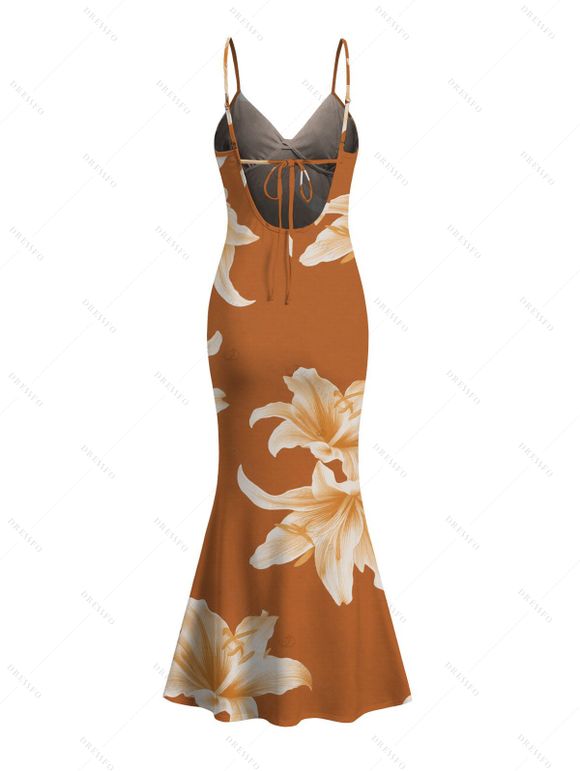 Vacation Couple Outfit Watercolor Lily Floral Print Spaghetti Strap Mermaid Bodycon Dress and Shirt Set - Brun Légère S | US 4