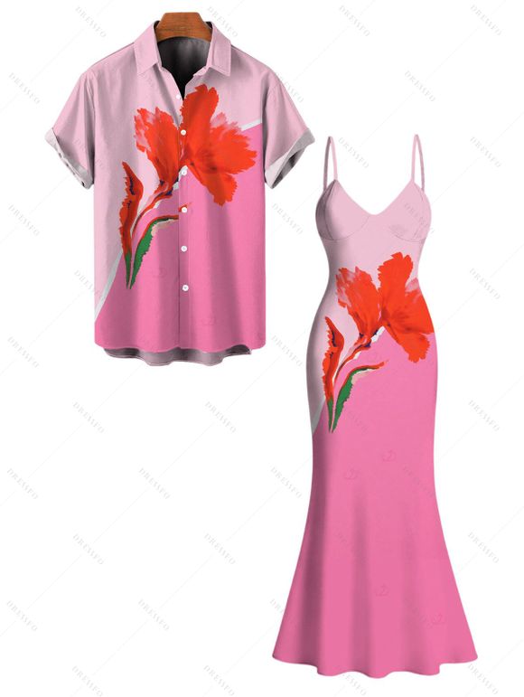 Vacation Couple Outfit Ombre Watercolor Floral Print Spaghetti Strap Bodycon Mermaid Dress and Shirt Set - Rose S | US 4