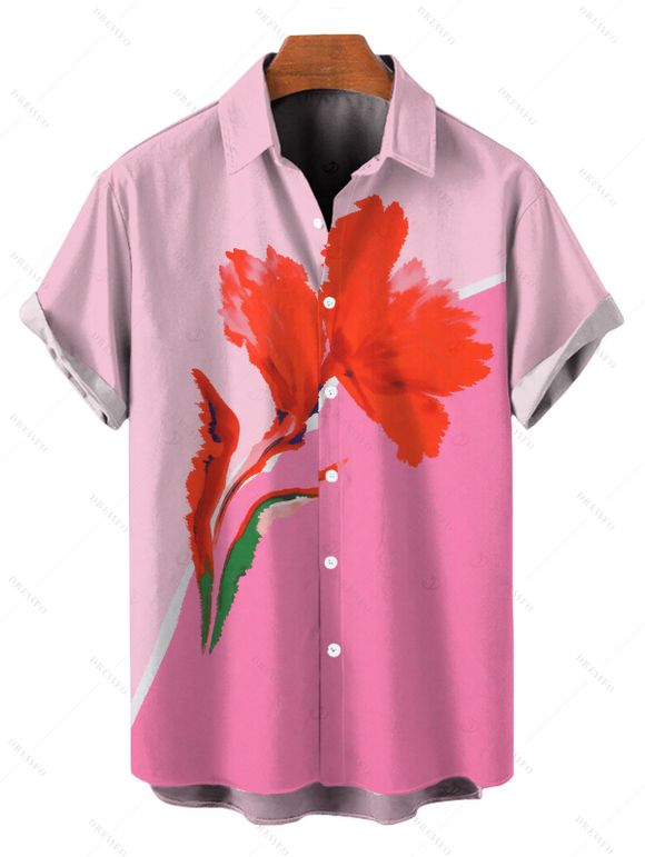 Vacation Couple Outfit Ombre Watercolor Floral Print Spaghetti Strap Bodycon Mermaid Dress and Shirt Set - Rose S | US 4