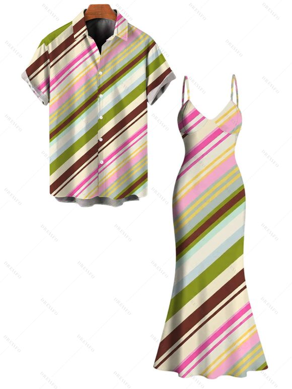 Vacation Couple Outfit Colorblock Bias Striped Print Spaghetti Strap Bodycon Mermaid Dress and Shirt Set - multicolor S | US 4