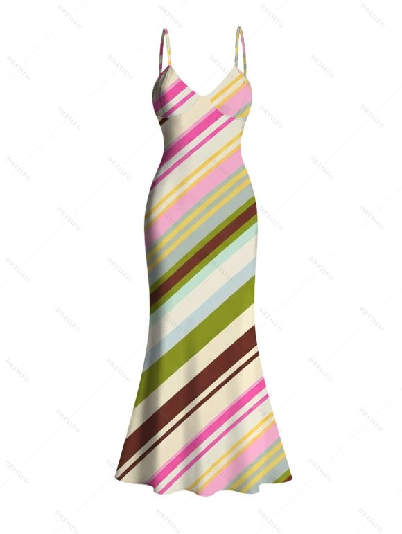 Vacation Couple Outfit Colorblock Bias Striped Print Spaghetti Strap Bodycon Mermaid Dress and Shirt Set - multicolor S | US 4