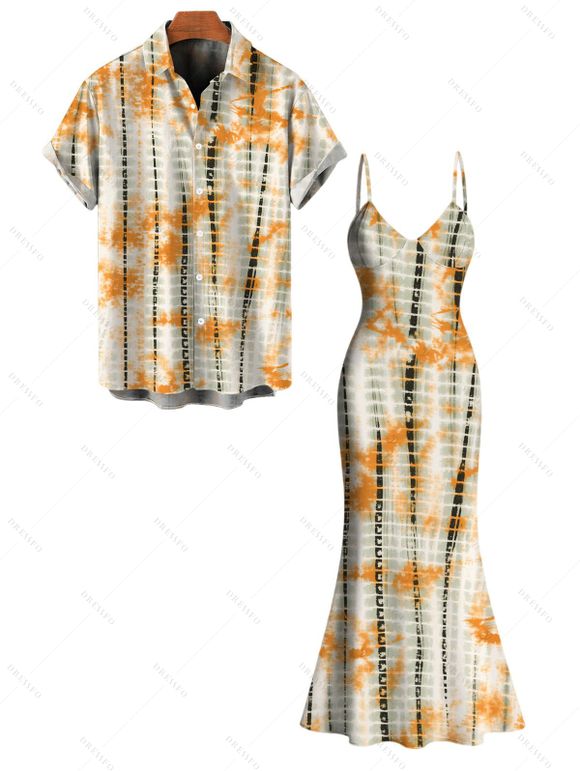 Vintage Vacation Couple Outfit Tie Dye Geometric Print Spaghetti Strap Mermaid Bodycon Dress and Shirt Set - multicolor S | US 4