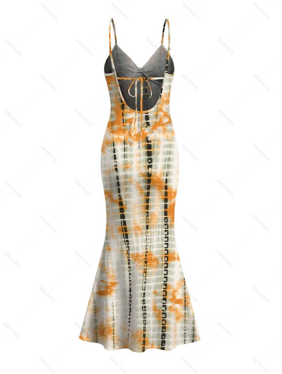 Vintage Vacation Couple Outfit Tie Dye Geometric Print Spaghetti Strap Mermaid Bodycon Dress and Shirt Set - multicolor S | US 4