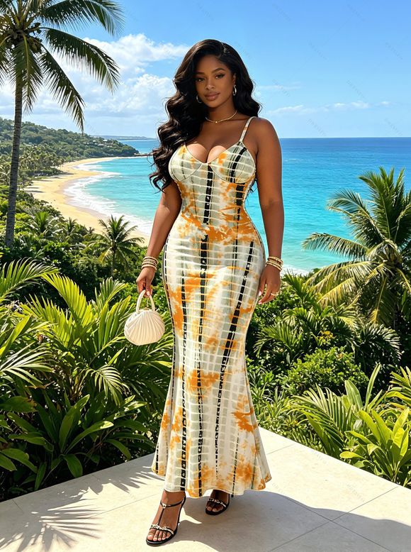 Vintage Vacation Dress Tie Dye Geometric Print Spaghetti Strap Mermaid Bodycon Dress - multicolor XXL | US 14