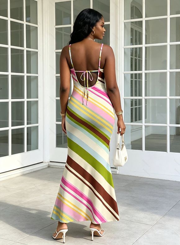 Vacation Couple Outfit Colorblock Bias Striped Print Spaghetti Strap Bodycon Mermaid Dress and Shirt Set - multicolor S | US 4
