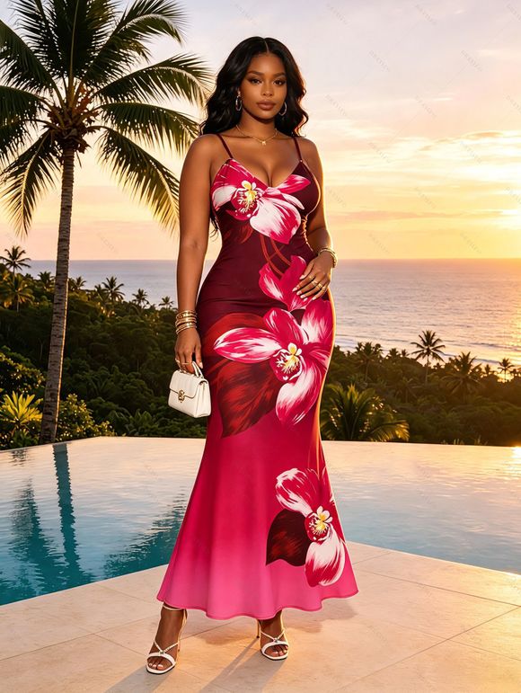 Vacation Couple Outfit Ombre Orchid Floral Print Spaghetti Strap Bodycon Mermaid Dress and Shirt Set - Rouge Rose S | US 4