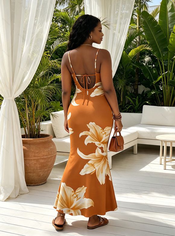 Vacation Couple Outfit Watercolor Lily Floral Print Spaghetti Strap Mermaid Bodycon Dress and Shirt Set - Brun Légère S | US 4