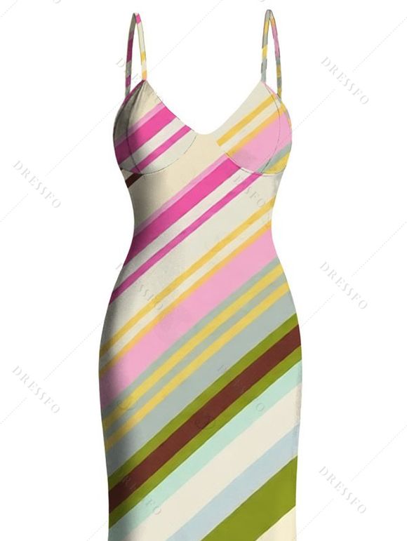 Vacation Dress Colorblock Bias Striped Print Spaghetti Strap Bodycon Mermaid Dress - multicolor L | US 8-10
