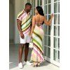 Vacation Couple Outfit Colorblock Bias Striped Print Spaghetti Strap Bodycon Mermaid Dress and Shirt Set - multicolor S | US 4