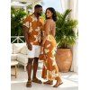 Vacation Couple Outfit Watercolor Lily Floral Print Spaghetti Strap Mermaid Bodycon Dress and Shirt Set - Brun Légère S | US 4