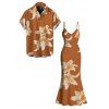 Vacation Couple Outfit Watercolor Lily Floral Print Spaghetti Strap Mermaid Bodycon Dress and Shirt Set - Brun Légère S | US 4