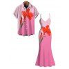 Vacation Couple Outfit Ombre Watercolor Floral Print Spaghetti Strap Bodycon Mermaid Dress and Shirt Set - Rose S | US 4