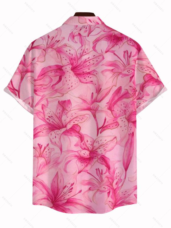 Men's Vacation Shirt Watercolor Lily Floral Print Button Up Shirt - Rose L