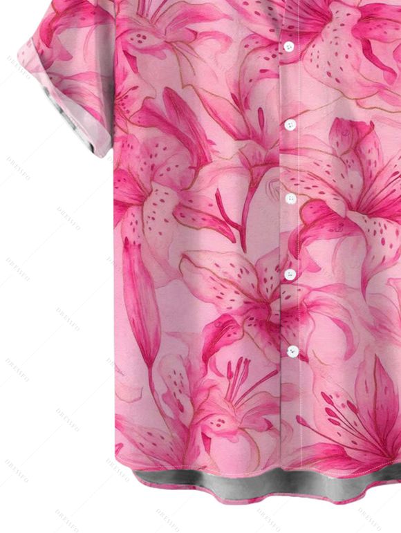 Men's Vacation Shirt Watercolor Lily Floral Print Button Up Shirt - Rose L