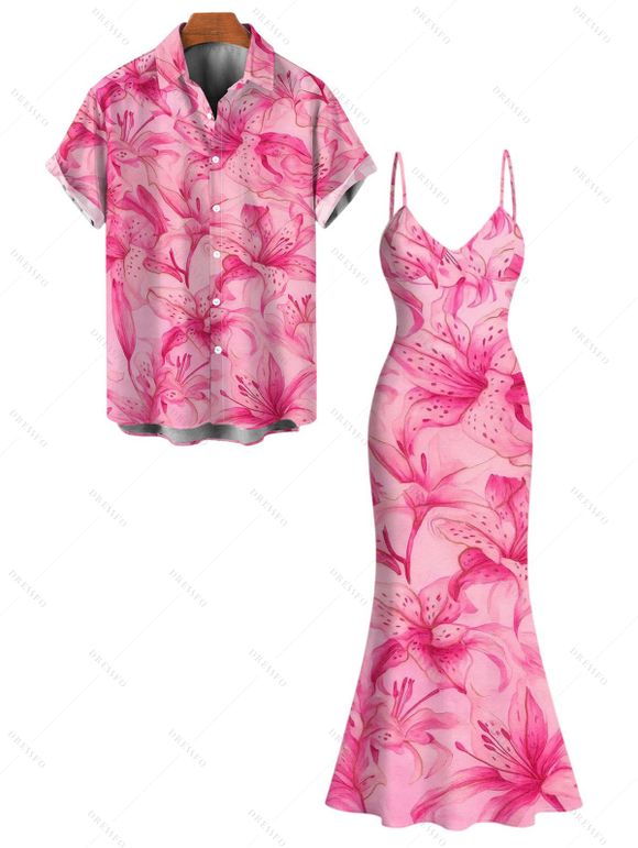 Vacation Couple Outfit Watercolor Lily Floral Print Spaghetti Strap Bodycon Mermaid Dress and Shirt Set - Rose S | US 4