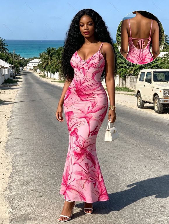 Vacation Couple Outfit Watercolor Lily Floral Print Spaghetti Strap Bodycon Mermaid Dress and Shirt Set - Rose S | US 4