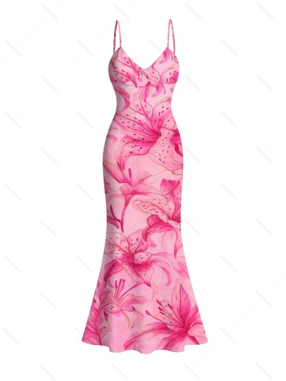 Vacation Couple Outfit Watercolor Lily Floral Print Spaghetti Strap Bodycon Mermaid Dress and Shirt Set - Rose S | US 4