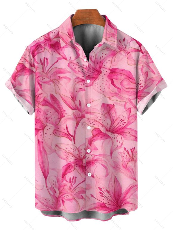 Vacation Couple Outfit Watercolor Lily Floral Print Spaghetti Strap Bodycon Mermaid Dress and Shirt Set - Rose S | US 4