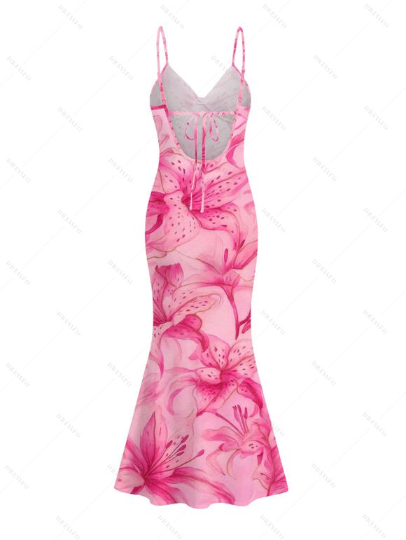 Vacation Dress Watercolor Lily Floral Print Spaghetti Strap Bodycon Mermaid Dress - Rose L | US 8-10