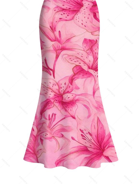 Vacation Dress Watercolor Lily Floral Print Spaghetti Strap Bodycon Mermaid Dress - Rose L | US 8-10