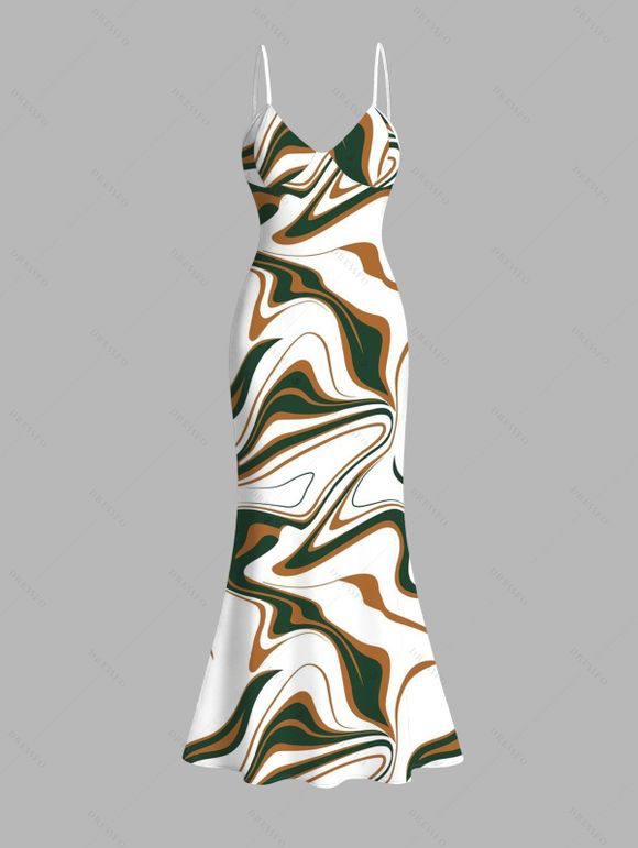 Vacation Dress Vintage Colorblock Fluid Marble Print Spaghetti Strap Mermaid Bodycon Dress - Blanc L | US 8-10