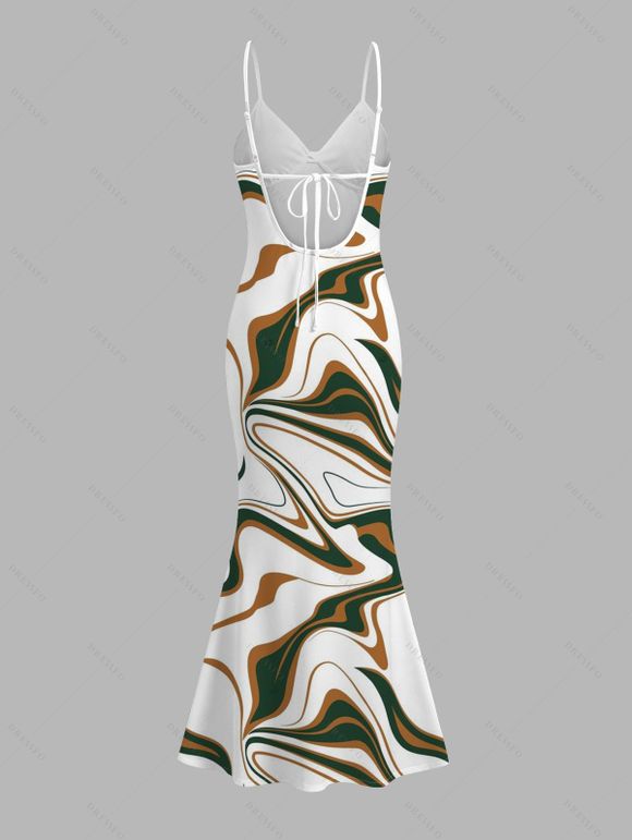 Vacation Dress Vintage Colorblock Fluid Marble Print Spaghetti Strap Mermaid Bodycon Dress - Blanc L | US 8-10