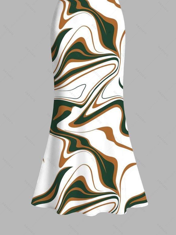 Vacation Dress Vintage Colorblock Fluid Marble Print Spaghetti Strap Mermaid Bodycon Dress - Blanc L | US 8-10