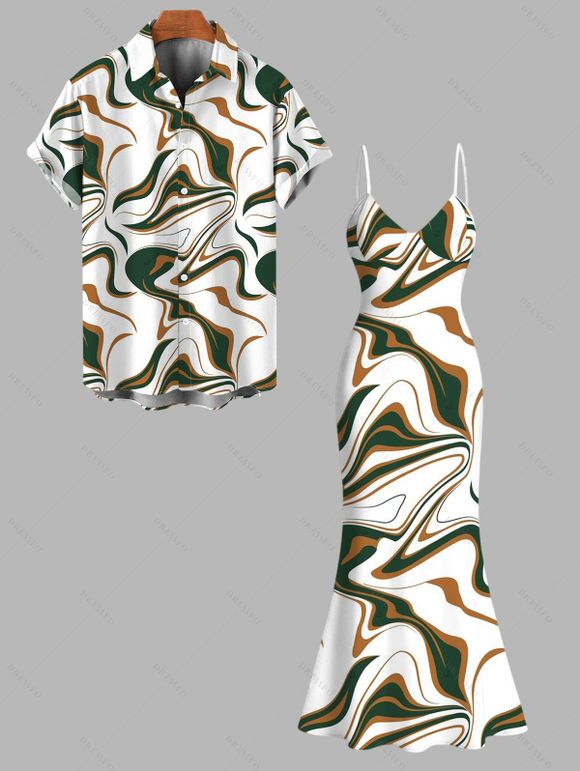 Vacation Couple Outfit Vintage Colorblock Fluid Marble Print Spaghetti Strap Mermaid Bodycon Dress and Shirt Set - Blanc S | US 4