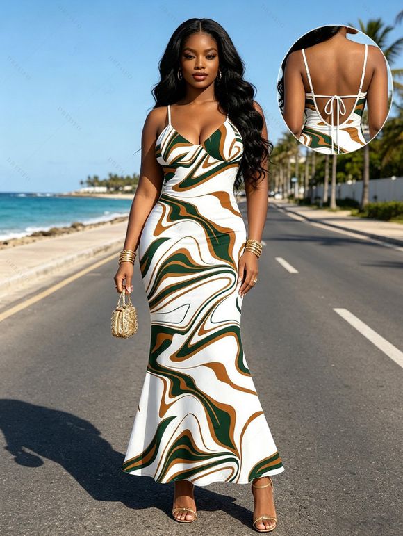 Vacation Couple Outfit Vintage Colorblock Fluid Marble Print Spaghetti Strap Mermaid Bodycon Dress and Shirt Set - Blanc S | US 4