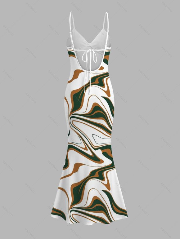 Vacation Couple Outfit Vintage Colorblock Fluid Marble Print Spaghetti Strap Mermaid Bodycon Dress and Shirt Set - Blanc S | US 4