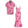 Vacation Couple Outfit Watercolor Lily Floral Print Spaghetti Strap Bodycon Mermaid Dress and Shirt Set - Rose S | US 4