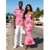 Vacation Couple Outfit Watercolor Lily Floral Print Spaghetti Strap Bodycon Mermaid Dress and Shirt Set - Rose S | US 4