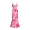 Vacation Couple Outfit Watercolor Lily Floral Print Spaghetti Strap Bodycon Mermaid Dress and Shirt Set - Rose S | US 4