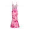 Vacation Couple Outfit Watercolor Lily Floral Print Spaghetti Strap Bodycon Mermaid Dress and Shirt Set - Rose S | US 4