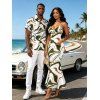 Vacation Couple Outfit Vintage Colorblock Fluid Marble Print Spaghetti Strap Mermaid Bodycon Dress and Shirt Set - Blanc S | US 4