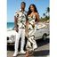 Vacation Couple Outfit Vintage Colorblock Fluid Marble Print Spaghetti Strap Mermaid Bodycon Dress and Shirt Set - Blanc S | US 4