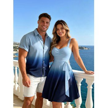 Casual Couple Outfit Ombre Ruched Bust Belt Sweetheart Neck A Line Mini Dress and Roll Up Sleeve Shirt Matching Outfit